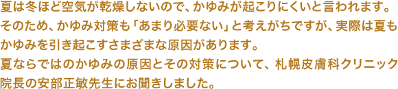 夏は冬ほど空気が乾燥しないので、かゆみが起こりにくいと言われます。そのため、かゆみ対策も「あまり必要ない」と考えがちですが、実際は夏もかゆみを引き起こすさまざまな原因があります。夏ならではのかゆみの原因とその対策について、札幌皮膚科クリニック院長の安部正敏先生にお聞きしました。