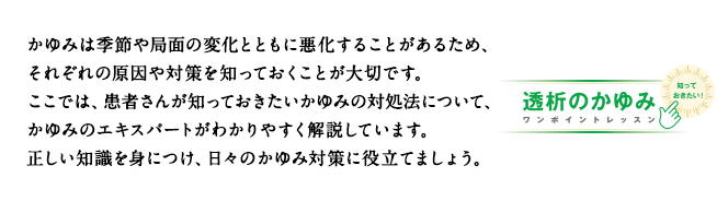 かゆみは季節や局面の変化とともに悪化することがあるため、それぞれの原因や対策を知っておくことが大切です。ここでは、患者さんが知っておきたいかゆみの対処法について、かゆみのエキスパートがわかりやすく解説しています。正しい知識を身につけ、日々のかゆみ対策に役立てましょう。